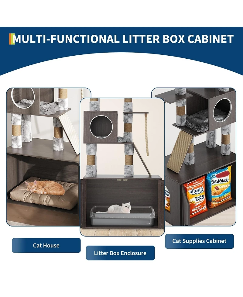 homfan Cat Tree, 66.9-Inch Cat Tower with Litter Box Enclosure, Features Hammock and Washable Cushions, Multi-Level Cat Furniture for Indoor Cats