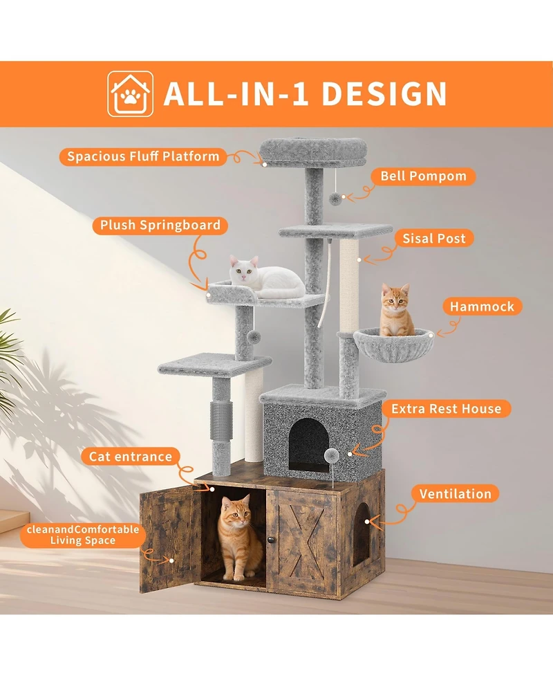 homfan Cat Tree with Litter Box Enclosure Large, Multilevel Play House Condo, Spacious Hammock, Cozy Top Perch, Scratching Post & Balls