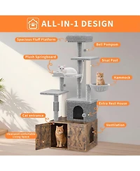homfan Cat Tree with Litter Box Enclosure Large, Multilevel Play House Condo, Spacious Hammock, Cozy Top Perch, Scratching Post & Balls