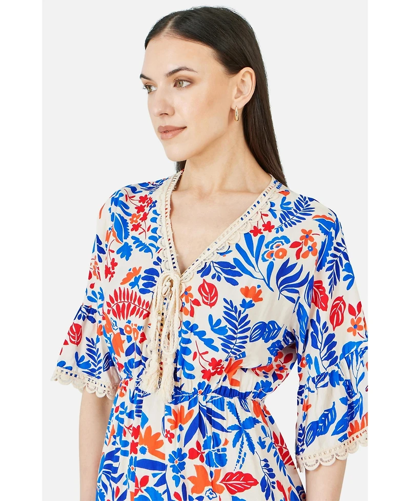 Yumi Women's Leaf Print Kimono Sleeve Tunic Dress