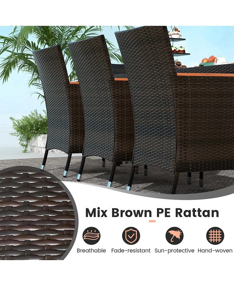 Gymax 9 Piece Wicker Dining Set Acacia Wood Table Top Umbrella Hole Cushions Chairs Patio