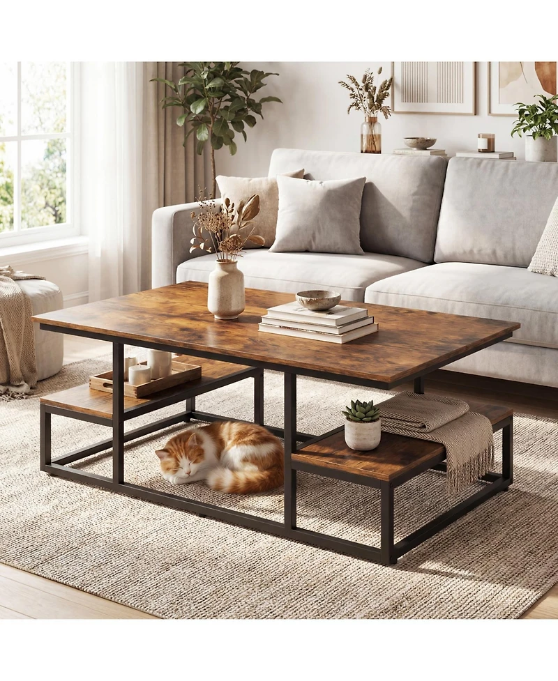 Slickblue Modern Rectangle Coffee Table with Storage Shelf and Open Display Design