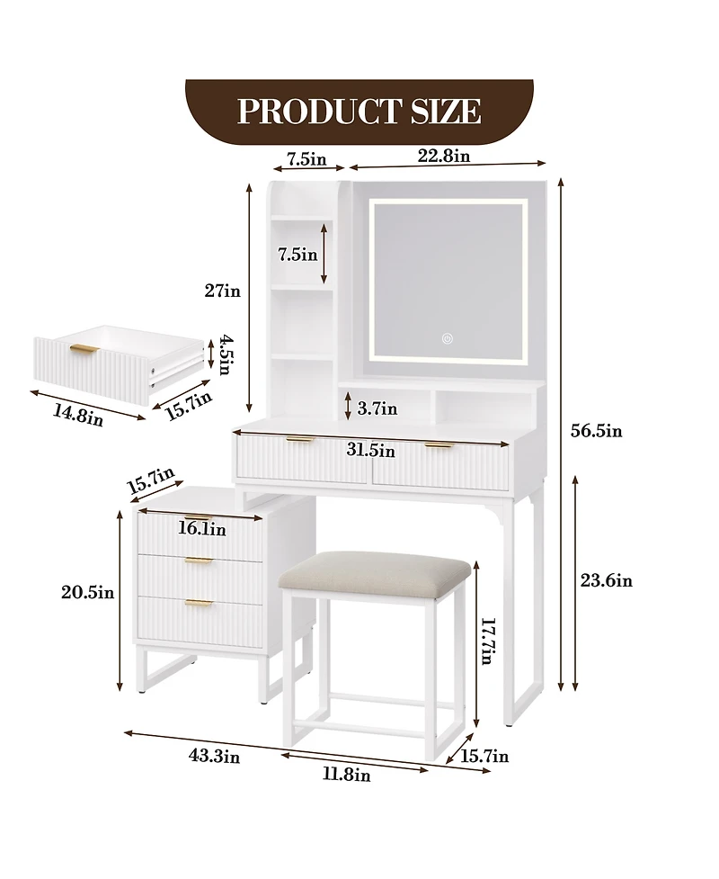 40.5"W Wave Board Dressing Table with Engineered Wood Top and Metal Frame, Makeup Vanity Table for Bedroom Vanity Space, White/Gold