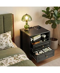 homfan Modern Bedside Table with Charging Station, 2 Drawers and Open Storage, Gold Knobs Tapered Legs, Bedroom Side Cabinet for