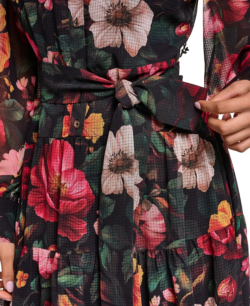 Karl Lagerfeld Paris Women's Printed Grid Chiffon Shirtdress