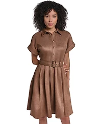 Karl Lagerfeld Paris Women's Faux Suede Belted Shirtdress