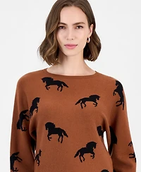 T Tahari Women's Dolman Sleeve Crewneck Horse Jacquard Pullover Sweater