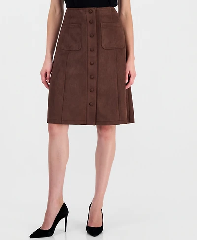 T Tahari Women's High-Waisted Midi A-Line Faux Suede Skirt