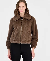 T Tahari Women's Faux-Fur Zip-Up Reversible Coat