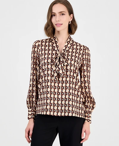 T Tahari Women's Long-Sleeve V-Neck Bow Tie Geometric-Print Blouse