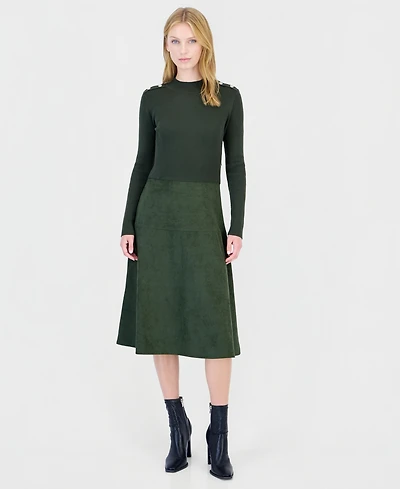 T Tahari Women's Mock Neck Long-Sleeve Faux Suede Skirt Dress