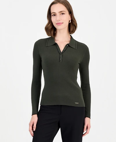 T Tahari Women's Long-Sleeve Ribbed Polo Sweater