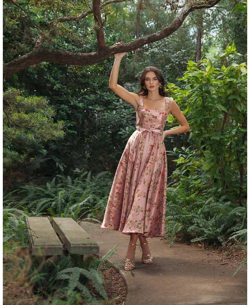 Mac Duggal Petite Pink Floral Brocade Square-Neck Midi Dress