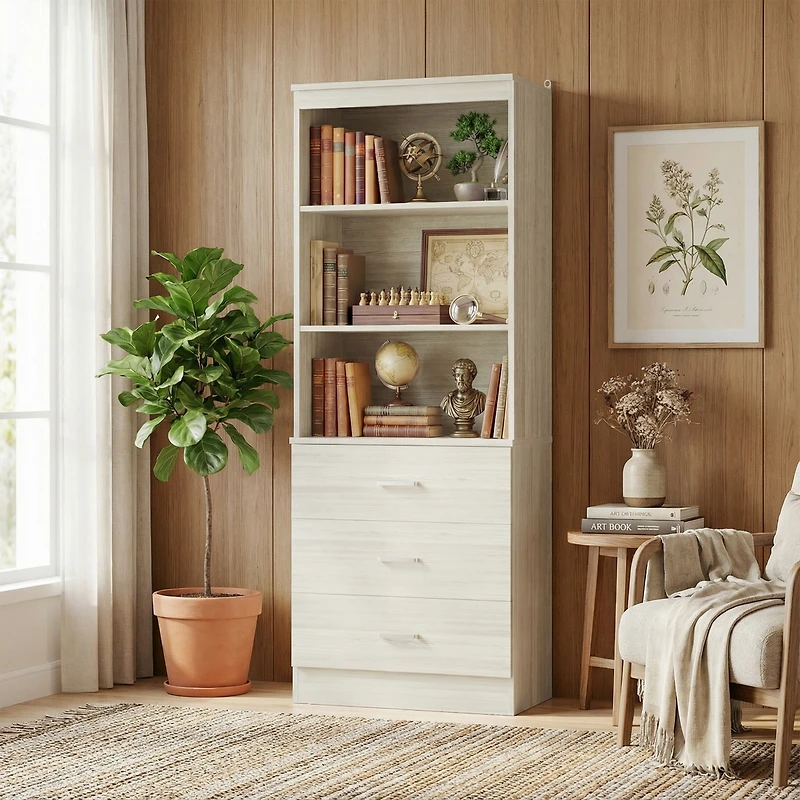 Aheaplus 71" Wooden Storage Cabinet with 3-Drawers, Closet Organizer Shelves