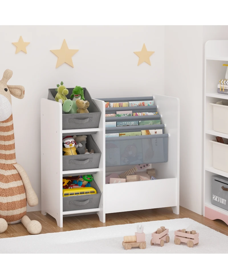 flynama 4-Tier Kids Bookshelf With 3 Collapsible Fabric Drawers Multi-Functional Toy Book Storage Organizer