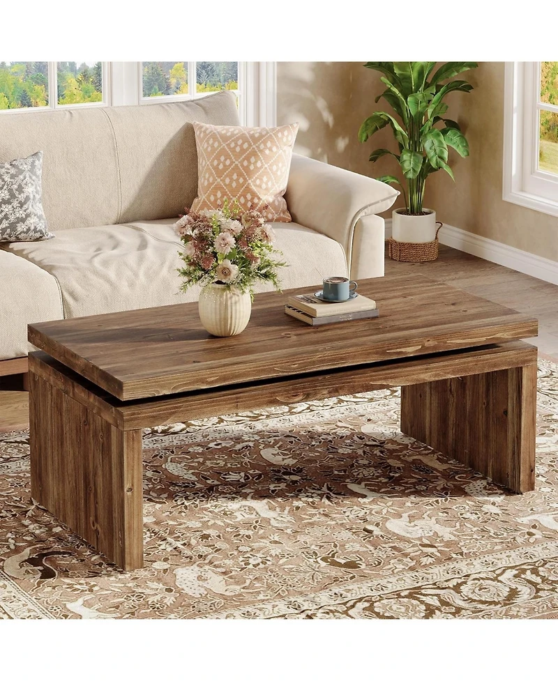 Tribesigns Solid Wood Coffee Table for Living Room, 47.2'' Farmhouse Rectangle Center Cocktail Table with Thick Design
