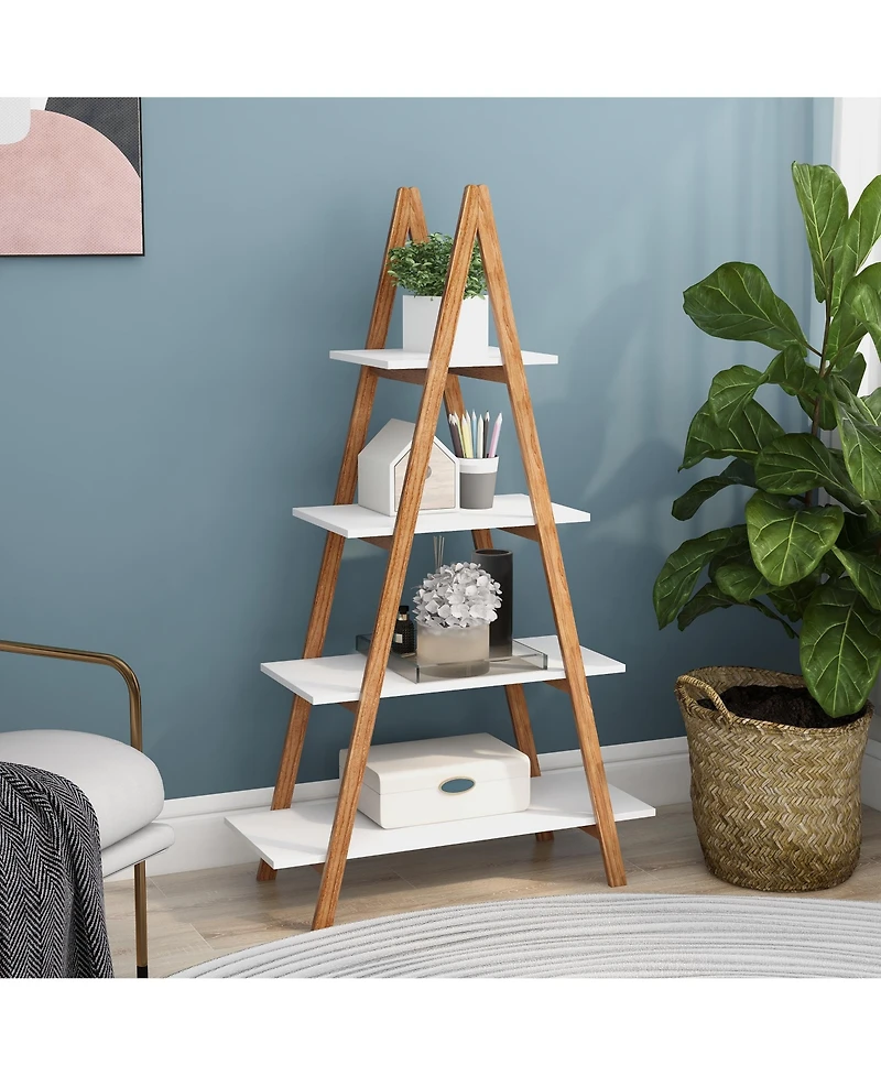 flynama A-frame Solid Bamboo Ladder Bookshelf 4 Tier Open Display Storage Rack for Home Office