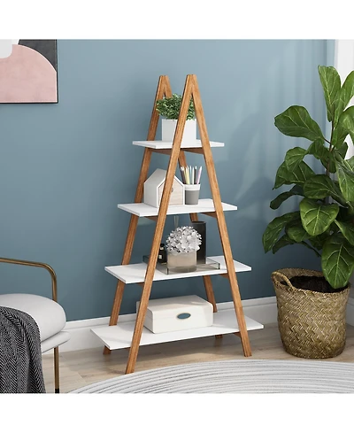 flynama A-frame Solid Bamboo Ladder Bookshelf 4 Tier Open Display Storage Rack for Home Office