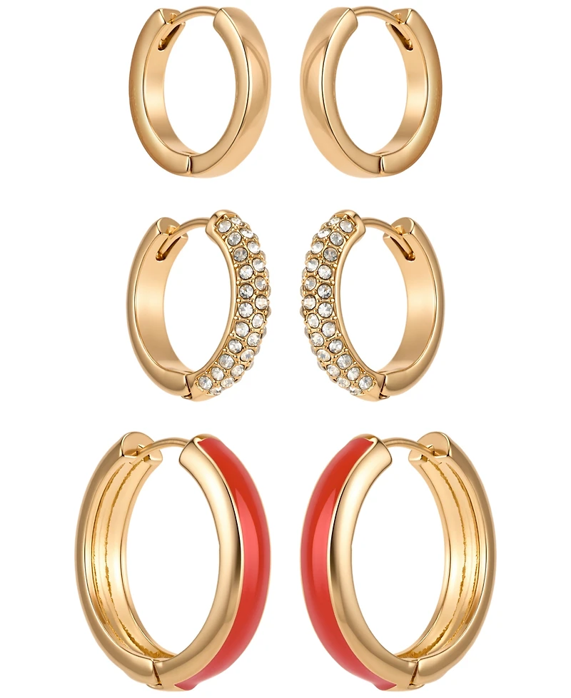 Guess Gold-Tone Crystal Stone Hoop Earrings, 3-Piece Set