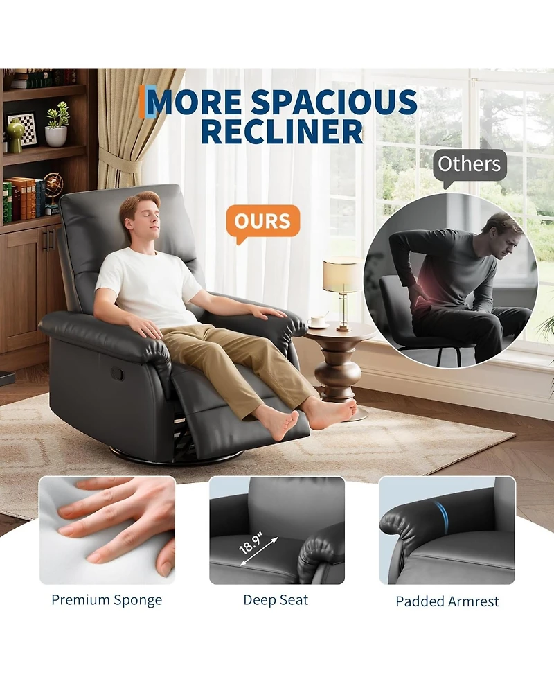 gaomon Recliner Chair, 360degree(s) Swivel Rocker Glider Nursery Chair with Padded Armrest and Deep Seat, Pu Leather Reclining Sofa Chair