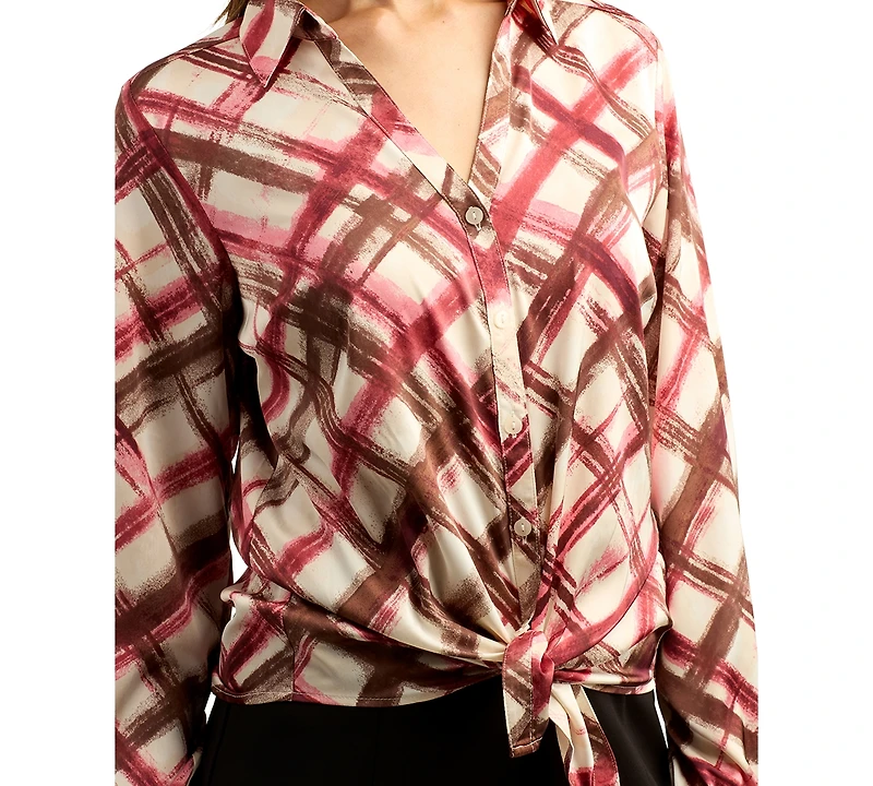 Bcx Juniors' Printed Satin Collared Button-Up Shirt