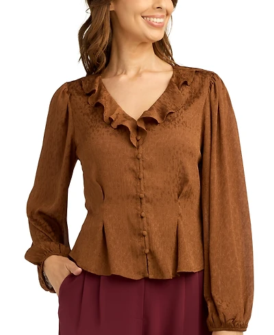 Bcx Juniors' Chiffon Jacquard V-Neck Button-Front Blouse