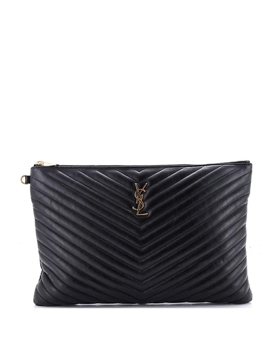 Pre-Owned Saint Laurent Large Classic Monogram Wristlet Pouch Matelasse Chevron Leather