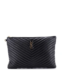 Pre-Owned Saint Laurent Large Classic Monogram Wristlet Pouch Matelasse Chevron Leather