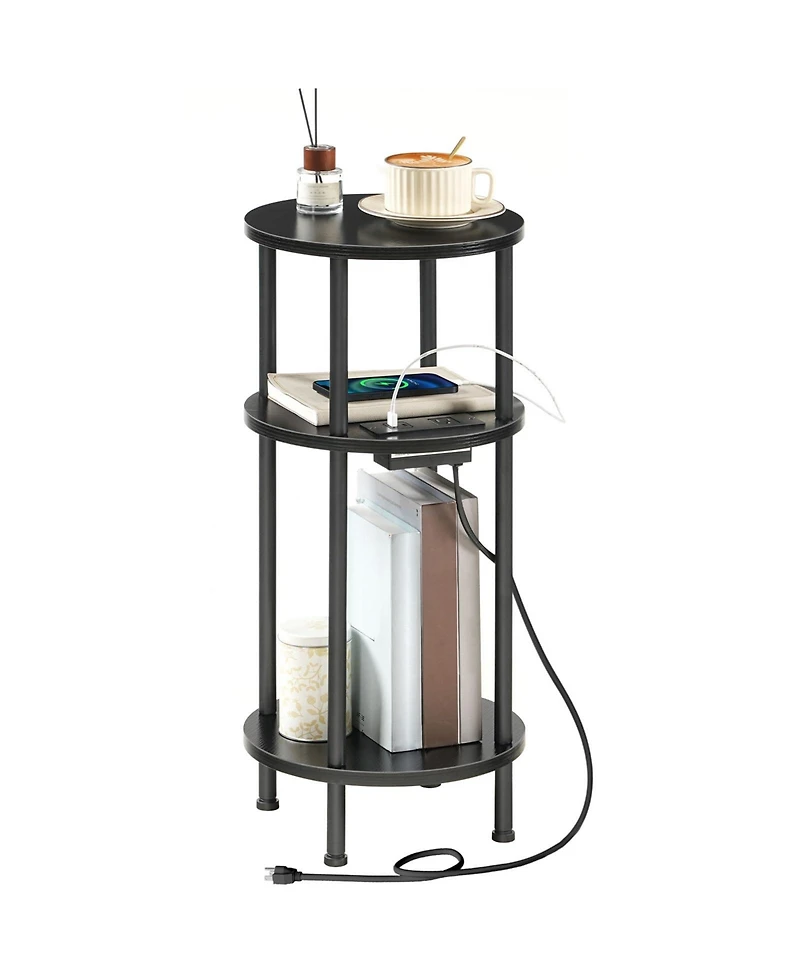 Slickblue Small Round End Table with 3-Tier Storage and Charging Station and Usb Ports