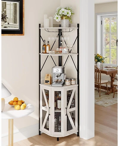 gaomon 72" Industrial Corner Wine Cabinet Built-in Power Outlet and Led Strip, Mesh Door with Glass Holder, 5-Tier Bar Display for Home or Small Space