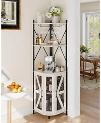 gaomon 72" Industrial Corner Wine Cabinet Built-in Power Outlet and Led Strip, Mesh Door with Glass Holder, 5-Tier Bar Display for Home or Small Space