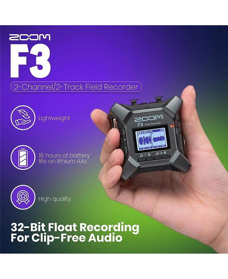 Zoom F3 2-Channel/2-Track Field Recorder, Bundle with Bluetooth Adapter