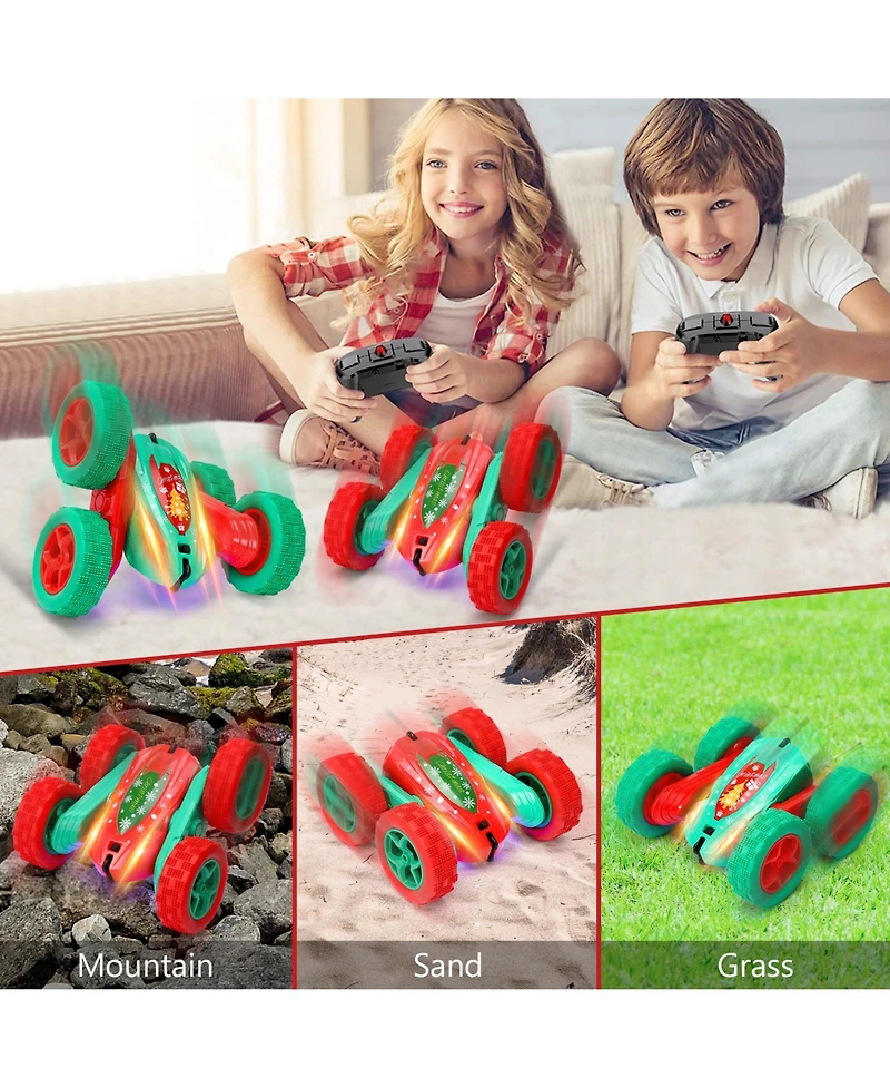 homfan 10.2 x 6.7 x 5.9 in Remote Control Stunt Car Christmas Edition Rc Vehicle with 4 Batteries 360 Spinning Toy for Outdoor Adventure Play