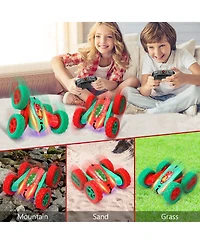 homfan 10.2 x 6.7 x 5.9 in Remote Control Stunt Car Christmas Edition Rc Vehicle with 4 Batteries 360 Spinning Toy for Outdoor Adventure Play