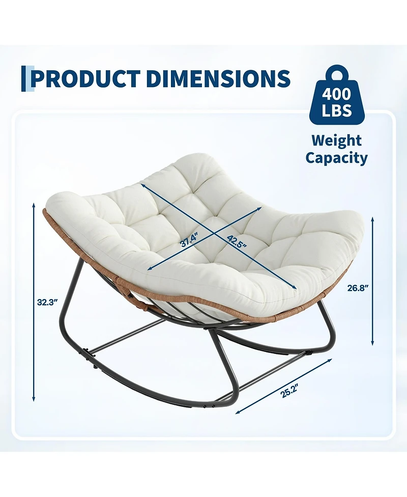 Outdoor Rocking Chair: 30degree(s) Gentle Extra-Large Papasan Chair with Cushion Metal and Pe Rattan Frame 400-pound Weight Capacity