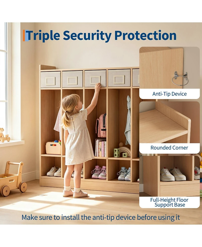 5-compartment coat locker, daycare storage cabinet fitted with 5 double hooks and 5 storage bins, ideal for home and school use