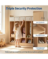 5-compartment coat locker, daycare storage cabinet fitted with 5 double hooks and 5 storage bins, ideal for home and school use