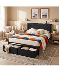 Modern Upholstered Platform Bed with 2 Storage Drawers and Built-In Power Outlet, Heavy-Duty Steel Slats, No Box Spring Needed
