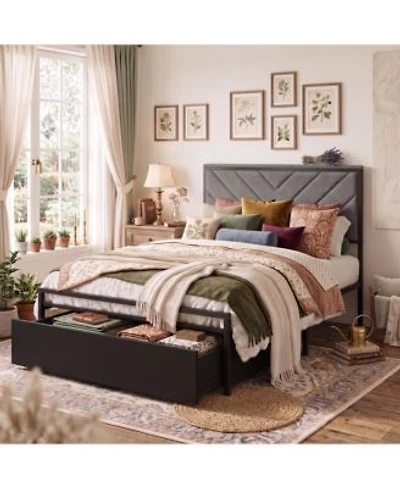 Modern Upholstered Platform Bed With 2 Storage Drawers Built In Power Outlet Heavy Duty Steel Slats No Box Spring Needed V Channel Headboard