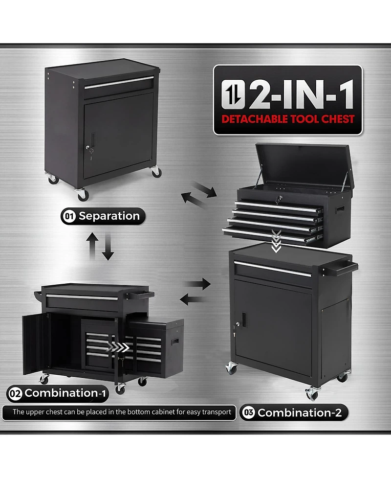 2-in-1 Tool Storage Cabinet: A lockable, -drawer metal tool cart on casters. Features a removable top toolbox, protective lining