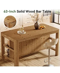 Tribesigns Solid Wood Bar Table, 63-Inch Counter Height Pub Table with Storage Shelves, Rectangular High Home Bar Furniture
