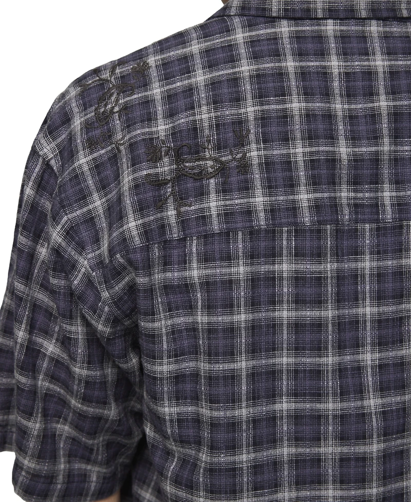 Lucky Brand Men's Embroidered Plaid Spread Collar Shirt