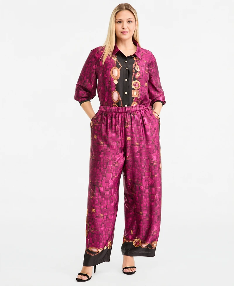 Karl Lagerfeld Paris Plus Gemstone Pull-On Wide-Leg Satin Pants