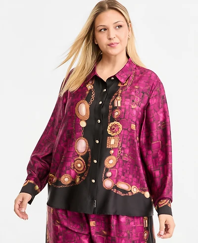 Karl Lagerfeld Paris Plus Gemstone Woven Printed Long-Sleeve Blouse