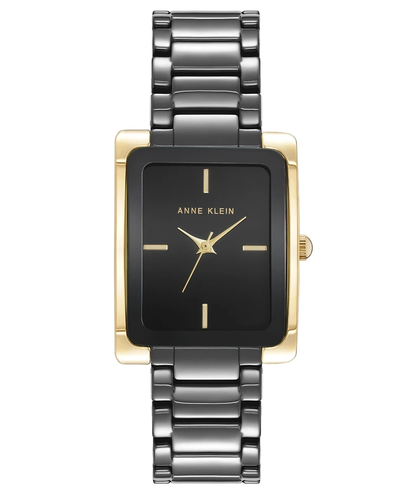 Anne Klein Women's Quartz Rectangle Black Dial Gold-Tone Black Bracelet Watch 28mm x 35mm