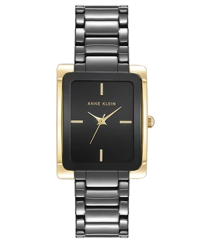 Anne Klein Women's Quartz Rectangle Black Dial Gold-Tone Black Bracelet Watch 28mm x 35mm