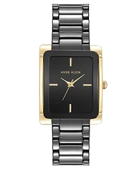 Anne Klein Women's Quartz Rectangle Black Dial Gold-Tone Black Bracelet Watch 28mm x 35mm