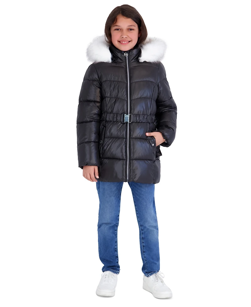 Michael Kors Girls' 5-16 Belted Stadium Length Mk Logo Long-Sleeve Jacket