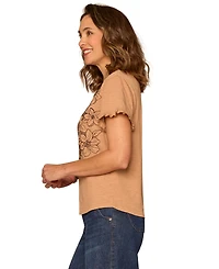 Democracy Women's Crewneck Shirttail Hem Embroidered Knit Top