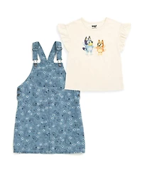Bluey Girls' 6-12 2-Piece Tee and Denim Overall Dress Set